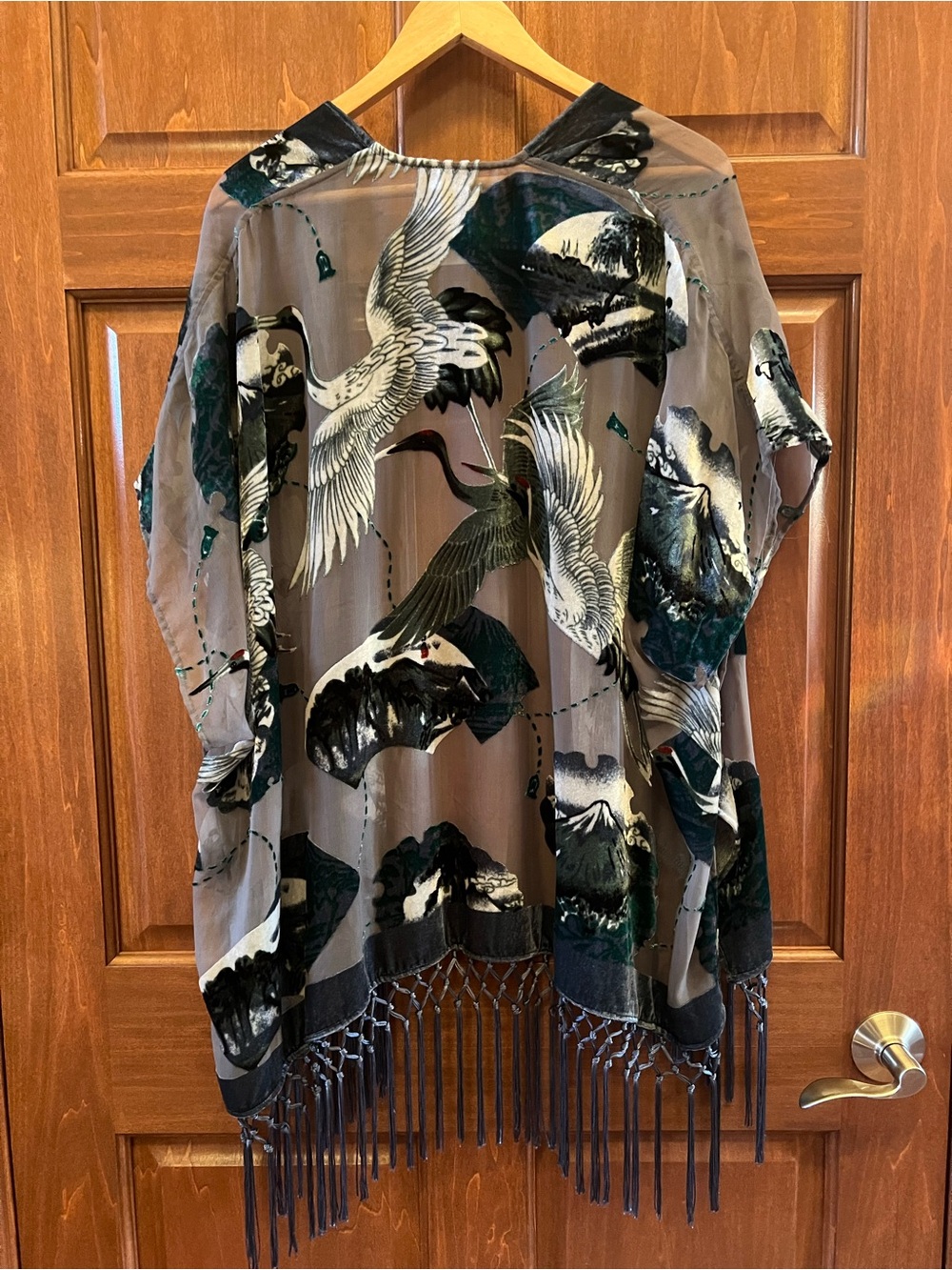 Chico's Kimono Burnout Velvet Open Front with Fringe Green Grey Size S/M - Picture 8 of 17